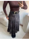 Desenli Şifon Midi Etek - SİYAH