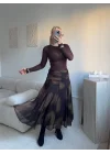 Desenli Şifon Midi Etek- KAHVE