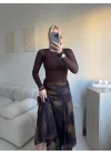 Desenli Şifon Midi Etek- KAHVE