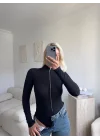 Dik Yaka Fermuar Bodysuit