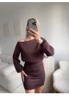 Drapeli Büzgülü Basic Elbise - KAHVE
