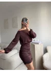 Drapeli Büzgülü Basic Elbise - KAHVE