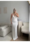 Drapeli Halter Yaka Uzun Elbise - BEYAZ