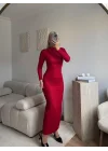 Drapeli Simli Long Elbise - KIRMIZI