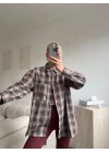 Ekose Oversize Gömlek Ceket - KAHVE