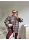 Ekose Oversize Gömlek Ceket - KAHVE