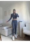 Fermuar Crop & Taytlı İkili Takım - GRİ
