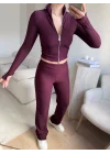 Çift Fermuar Crop & Pantolon Takım - MOR