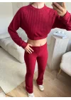 Fitilli Crop & Pantolon Takım - BORDO