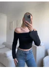 Gofre Madonna Yaka Crop - SİYAH