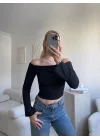 Gofre Madonna Yaka Crop - SİYAH