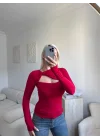 Göğüs Pencere Kruvaze Bluz - KIRMIZI