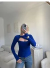 Göğüs Pencere Kruvaze Bluz - SAKS MAVİSİ