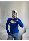 Göğüs Pencere Kruvaze Bluz - SAKS MAVİSİ