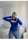 Göğüs Pencere Kruvaze Bluz - SAKS MAVİSİ