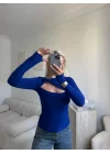 Göğüs Pencere Kruvaze Bluz - SAKS MAVİSİ
