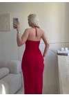 Halter Aksesuar Maxi Elbise - KIRMIZI