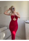 Halter Aksesuar Maxi Elbise - KIRMIZI