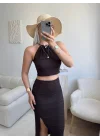 Halter Crop & Yırtmaçlı Takım - KAHVE