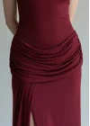 Halter Yaka Bel Drape Yırtmaçlı Elbise - BORDO
