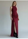 Halter Yaka Bel Drape Yırtmaçlı Elbise - BORDO