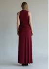 Halter Yaka Bel Drape Yırtmaçlı Elbise - BORDO