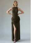 Halter Yaka Bel Drape Yırtmaçlı Elbise - HAKİ