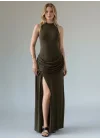 Halter Yaka Bel Drape Yırtmaçlı Elbise - HAKİ