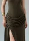 Halter Yaka Bel Drape Yırtmaçlı Elbise - HAKİ