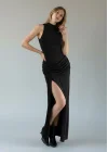 Halter Yaka Bel Drape Yırtmaçlı Elbise - SİYAH