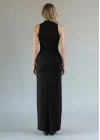 Halter Yaka Bel Drape Yırtmaçlı Elbise - SİYAH