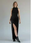 Halter Yaka Bel Drape Yırtmaçlı Elbise - SİYAH