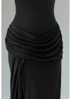 Halter Yaka Bel Drape Yırtmaçlı Elbise - SİYAH