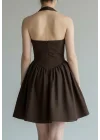 Halter Yaka Prenses Elbise - KAHVE