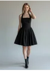 Halter Yaka Prenses Elbise - SİYAH