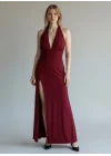 Halter Yaka Sırt Bağlamalı Yırtmaçlı Maxi Elbise - BORDO