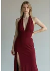 Halter Yaka Sırt Bağlamalı Yırtmaçlı Maxi Elbise - BORDO