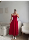 İp Askılı Volanlı Prenses Elbise - KIRMIZI