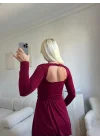 Kare Yaka Balon Etek Elbise - BORDO