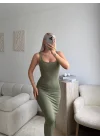 Kare Yaka Long Elbise - YEŞİL