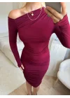 Kayık Yaka Parmak Geçmeli Elbise - BORDO