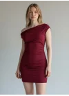 Kayık Yaka Elbise - BORDO