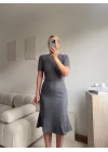 Kemerli Midi Triko Elbise - GRİ