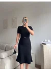 Kemerli Midi Triko Elbise - SİYAH