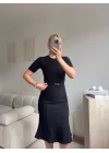 Kemerli Midi Triko Elbise - SİYAH