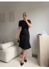 Kemerli Midi Triko Elbise - SİYAH