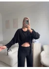 Körüklü Crop & Pantolon Takım - SİYAH