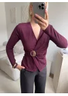 Kruvaze Aksesuarlı Taşlı Bluz - BORDO