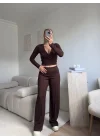 Kruvaze Bağlamalı Crop & Pantolon Takım - KAHVE
