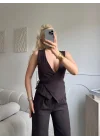 Kruvaze Bluz Pantolon Takım - KAHVE